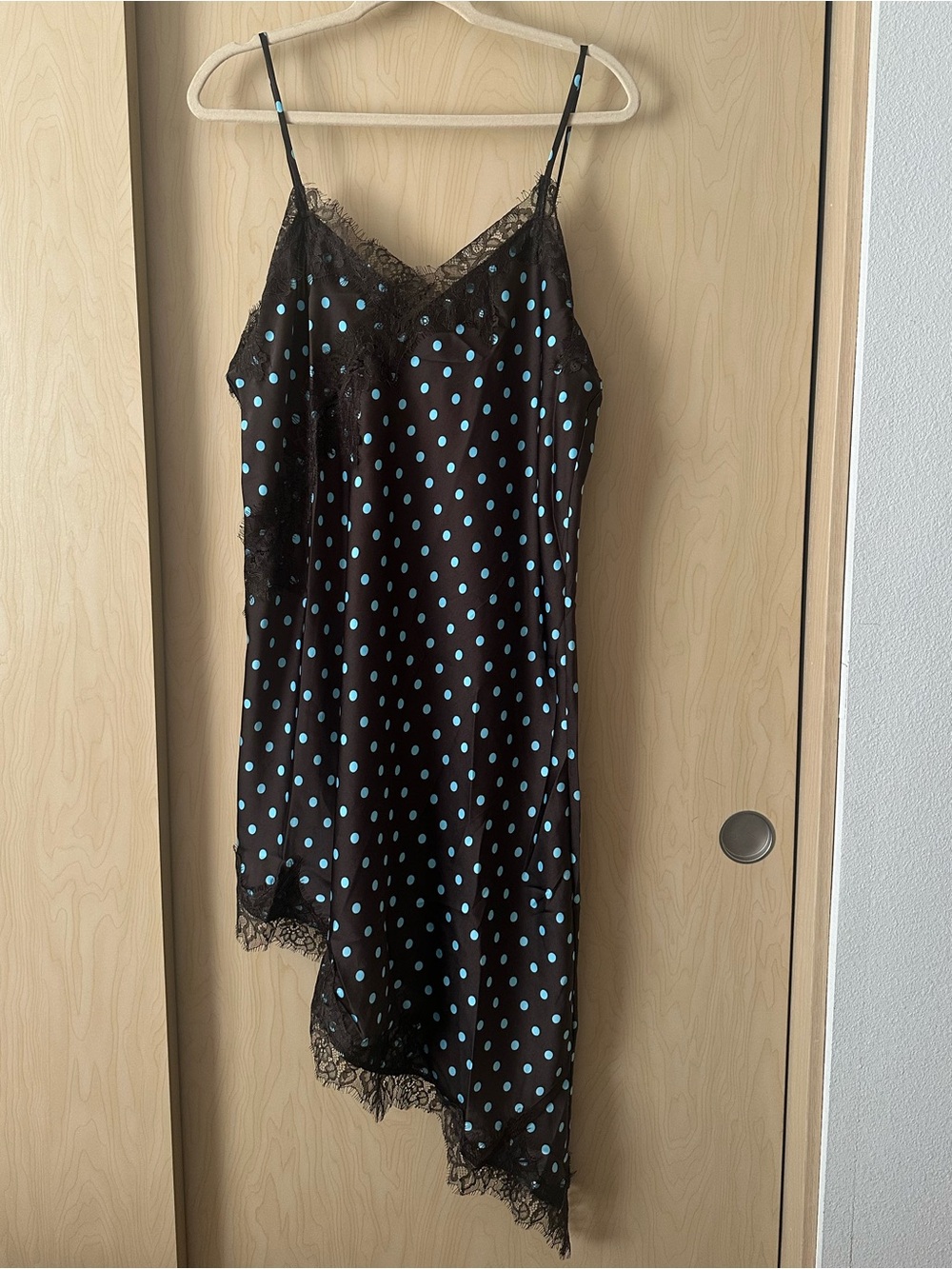 1XL Chocolate Brown Blue Polka Dot Lace Asymmetrical Dress